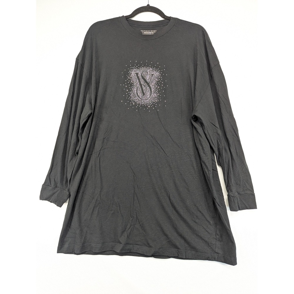 VICTORIAS SECRET Black Long Sleeve Tunic Top Rhinestone Logo Crew Neck M L